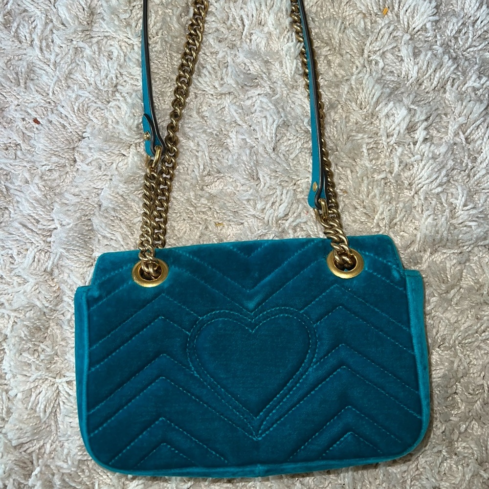 Gucci Teal Velvet Marmont Small Shoulder Bag with Gold Hardware - Picture 3 of 13